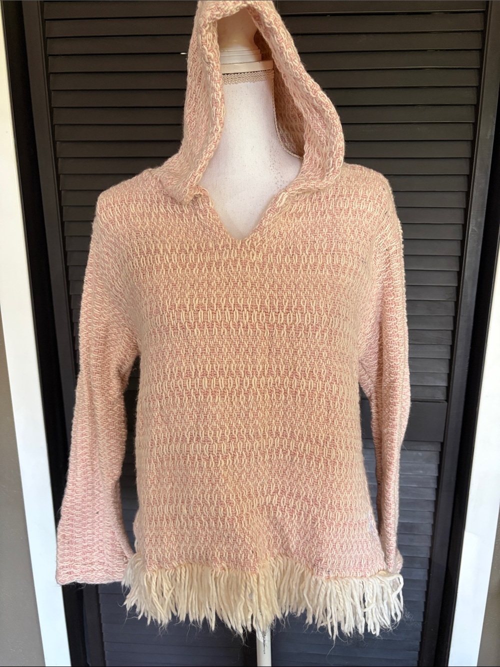 Cozy Pink Hooded Knit Sweater with Fringe Hem